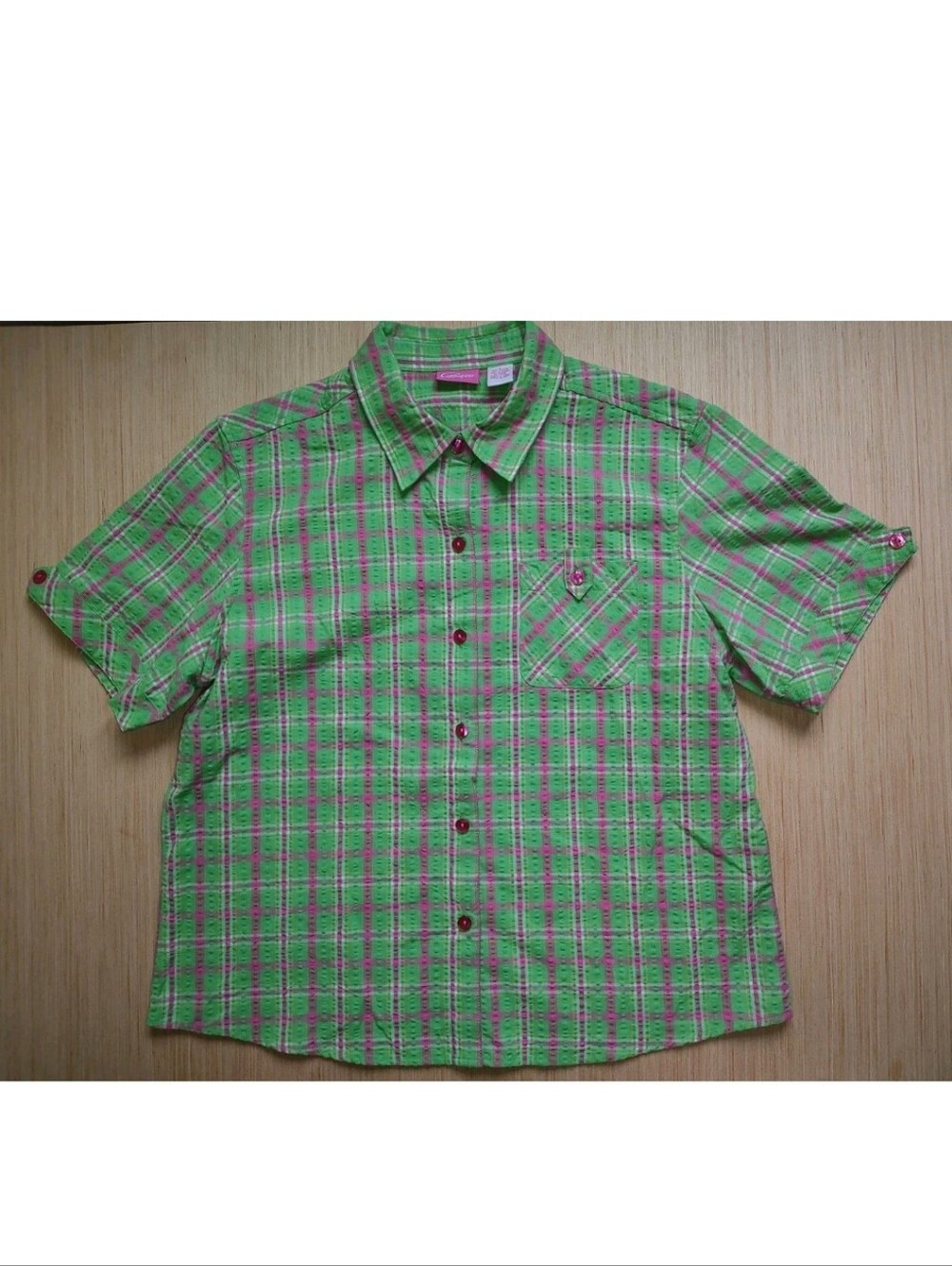 Papagallo Women's Plaid Shirt Check Seersucker Green Pink Buttons Size L Pocket